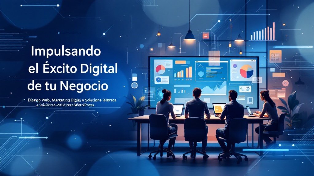 Equipo profesional trabajando en diseño web y marketing digital frente a una pantalla, con fondo moderno en tonos azules y grises.